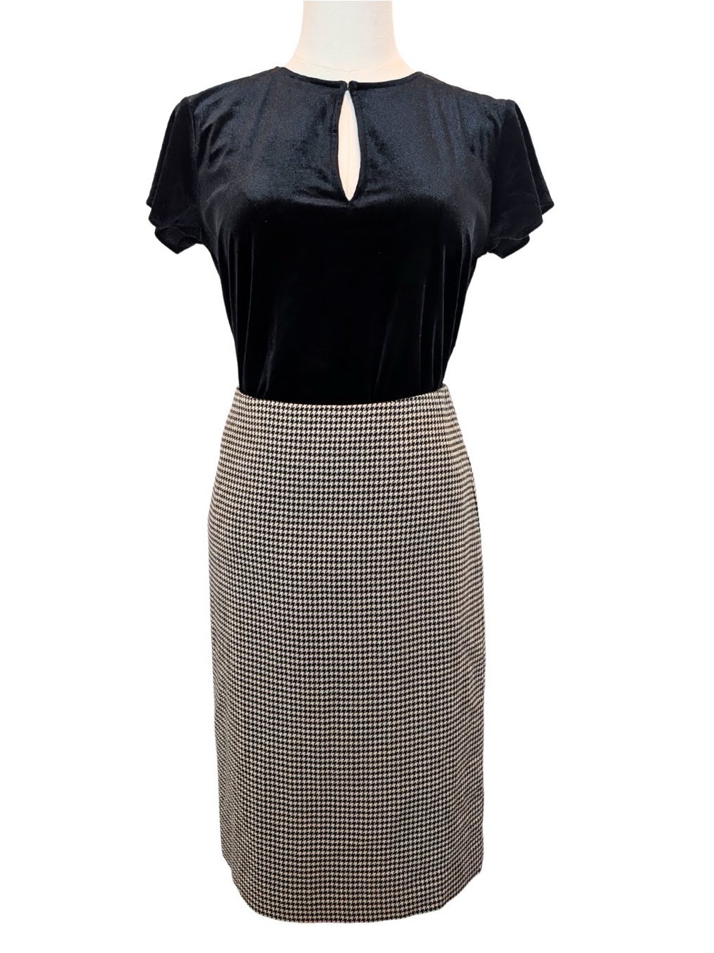 Talbots Black Velvet Top with Black & White Houndstooth Pencil Skirt